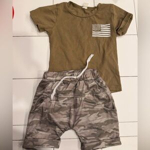 Olive green/camo set & American flag set. 12-18 months boy outfits